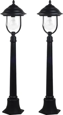 Two black outdoor lamps are shown against a white background.