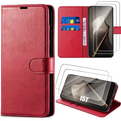 Image de Coque + 2 Verres Trempés pour Xiaomi 15T, Protection Rabat Anti-Rayures Antichoc Synthécuir Rouge
