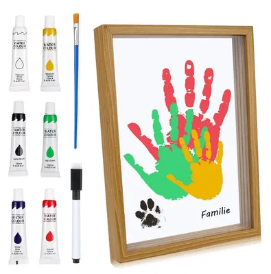 Produktbild von Handabdruck Set Familie Holzrahmen Bastelset Baby Hand- und Fußabdruck Set Ungiftige Fingerfarben 31 x 22,4 cm
