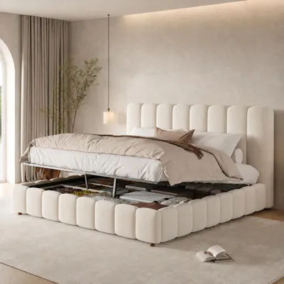 Immagine prodotto di Letto imbottito 160x200 cm, letto matrimoniale con contenitore idraulico, rete a doghe e testiera imbottita, beige, velluto, Immagine generata dall'IA