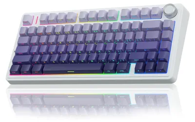 Image de Clavier mécanique de jeu sans fil AULA F75, éclairage RGB LED, disposition QWERTY américaine, fréquence 2,4 GHz/USB-C/Bluetooth, compatible Windows/Mac, couleur violet dégradé avec motif d'étoile gravé sur le côté