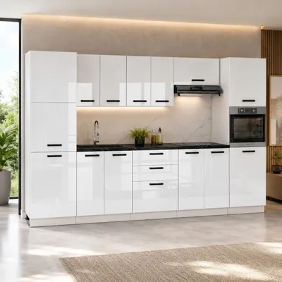 Produktbild von ULWEHOME | Küchenzeile 320 cm Weiß Hochglanz, Küchenmöbel-Set mit Backofenschrank, Vorratsschrank & geteilten Arbeitsplatten 120 cm, KI-generiertes Bild