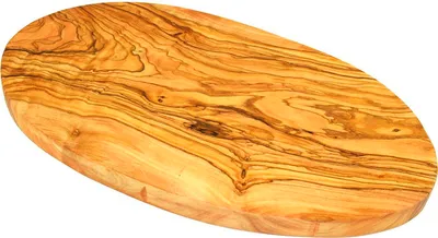 Produktbild von Frühstücksbrett Olivenholz oval groß. Länge 30 cm, 20 cm breit. Robust, hygienisch und vor allem extrem schnittunempfindlich. Antibakterielle Wirkung.