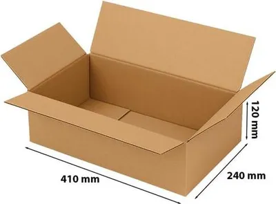 An open cardboard box with dimensions indicated by measurement lines and text.