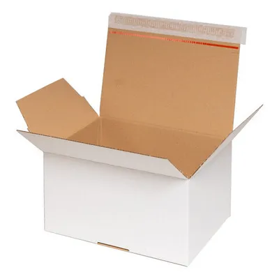 Produktbild von 10x Schnellaufrichtekarton 310x230x158mm Selbstklebeverschluss Aufreißfaden Automatikboden weiß A4+