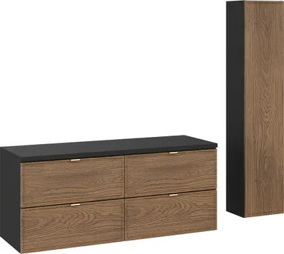 Produktbild von Badmöbel-Set 2-teilig mit 120 cm Waschtischunterschrank und Hochschrank in Eiche und schwarz - TARSIA-56