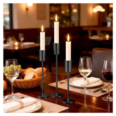 Produktbild von Schwarzer Kerzenständer 3er Set, 22/27/32 cm, Hoch Metall Stabkerzenhalter für romantische Anlässe