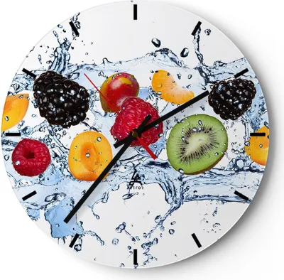 Produktbild von Wanduhr - Rund - Glasuhr - Wasser Früchte frisch Essen - 30x30cm - Schleichendes Uhrwerk - Lautlos - zum Aufhängen bereit - Dekoration Modern - Wanddekoration aus Glas - C3AR30x30-2675