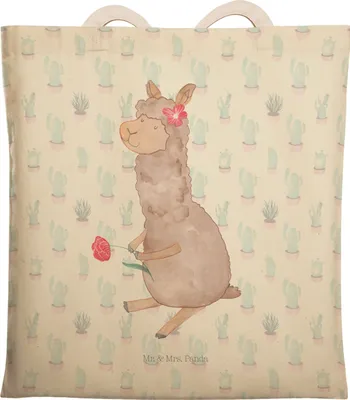 Produktbild von Mr. & Mrs. Panda Tote Bag Alpaka Blume - Kaktus Grün - Geschenk, Lama, Tragetasche, taschen shopper, Beutel, einkaufsshopper, Witz, Tasche, Lamas