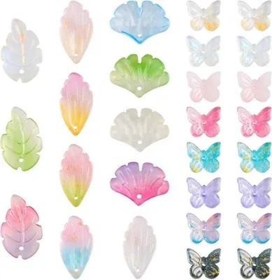 Image de 100 boules de verre, pendentifs papillon en cristal, bicolores, transparents, feuille de ginkgo
