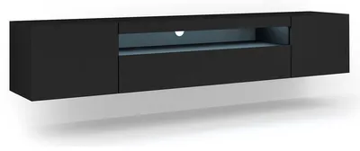Image de Lowboard TV Armoire Aura 200 cm Suspendue ou posée universelle Armoire basse TV Board Sideboard HiFi Table Armoire suspendue Matte noire avec éclairage LED