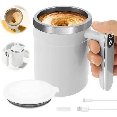 Produktbild von 400ml Magnetische Selbstrührende Tasse mit Temperaturanzeige, Wiederaufladbarer intelligente kaffeetasse mit Deckel, Selbstrührender Kaffeebecher