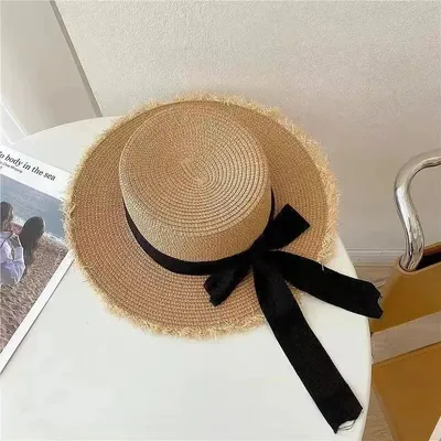 Produktbild von Strohhut - Sonnenhut mit breiter Krempe - UV-Schutz - Schmetterlingsschleife mit Quaste - Strand und Sommer - Khaki
