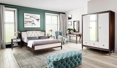 Produktbild von Komplettes Schlafzimmer Set 4 tlg Design Bett + 2x Nachttisch + Kleiderschrank