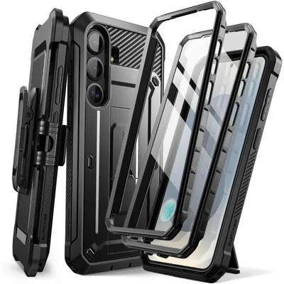 Productafbeelding van Beschermhoes voor de Samsung Galaxy S25 Plus met riemclip en standaard, zwart. Inclusief 2 voorstukken