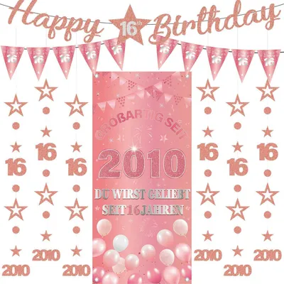 Produktbild von Deko 16. Geburtstag 9-teiliges Set Rosegold Banner Girlande für Mädchen & Jungen