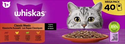 Produktbild von Whiskas Portionsbeutel Multipack 1+ Klassische Auswahl in Sauce, Senior, jede Rasse, Rind, Huhn, Hammelfleisch, Geflügel, 85 g
