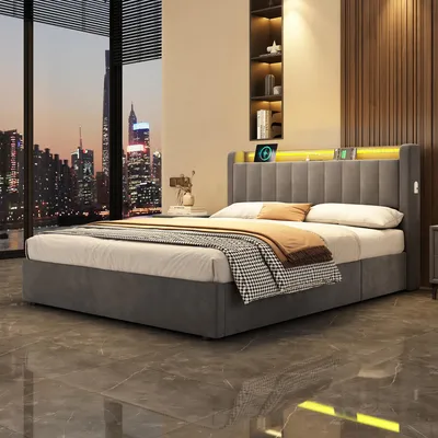 Produktbild von okwish Polsterbett 140x200 Jugendbett mit Bettkasten und LED-Licht,Stauraumbett Boxspringbett mit abgerundeten Kanten und Steckdosen,Grau(ohne Matratze)