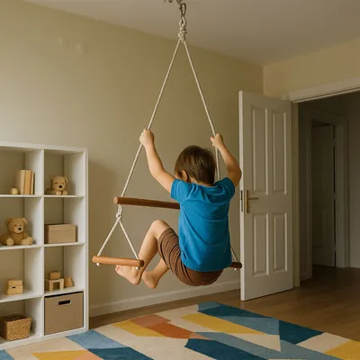 Produktbild von 2-in-1 Trapez Schaukel mit Turnringen aus Holz – Kinder Gymnastik Spielgerät ab 3 Jahren – 80 cm Turnstange mit Handgriffen & Aufhängung – max. 60 kg
