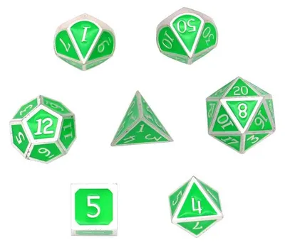 Obrázek produktu pro Elzusha – Sada polyedrických kovových kostek, 7 kusů, s úložným sáčkem, zelená, pro RPG hry