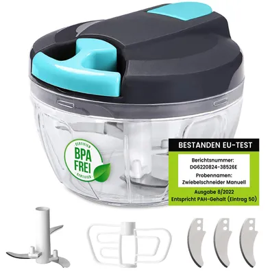 Produktbild von Zwiebel Zerkleinerer Manuell, 520ml Zwiebelschneider mit 6 Klingen und 1 Mixer, Zwiebelhacker Gemüseschneider, Multizerkleinerer Manuell, Gemüseschneider Knoblauchhacker