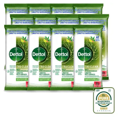 Imagen del producto de 12 toallitas multiuso Dettol Tru Clean, aroma de eucalipto y lima, biodegradables, pack ahorro, 12 unidades