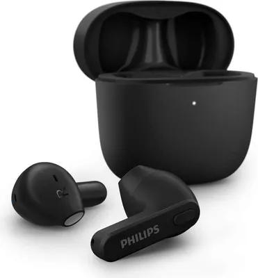A pair of black Philips wireless earbuds and their charging case are displayed on a white background.
