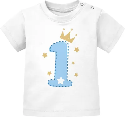 Produktbild von Baby T-Shirt 1. Geburtstag Zahl 1 bzw. 2 mit Krone und Sternen Geburtstagsshirt kurzarm Baumwolle MoonWorks® 1 weiß/blau 80/86 (10-15 Monate)