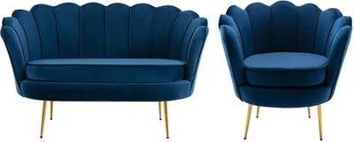 Produktbild von Set aus 2-sitzigem Sofa und muschelförmigem Sessel aus dunkelblauem Velours DANDELION