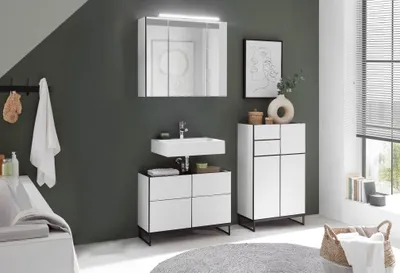 Produktbild von Badezimmer Badmöbel-Set VENEZIA 80 cm Weiß matt Spiegelschrank Wbu Highboard Set 3