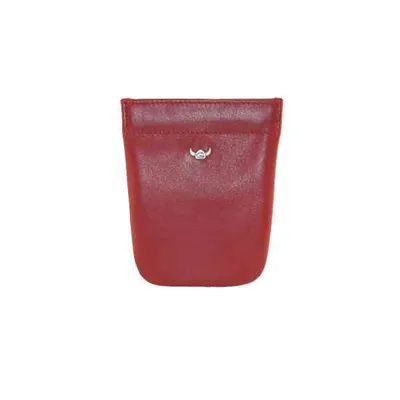 A red leather coin purse with a silver bull logo on a white background.
