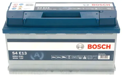 A car battery with the Bosch brand logo and product information visible.