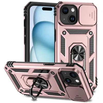 Immagine prodotto di Custodia per iPhone 15 Plus a doppio strato con cover fotocamera scorrevole e supporto ad anello Oro rosa