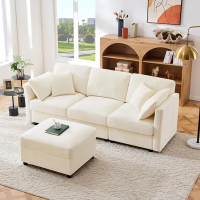 Produktbild von STILVORA Schlafsofa mit Fußhocker und Kissen,Ecksofa mit verstellbare Armlehnen,Modulares Sofa aus Chenille-Stoff,Beige