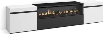 A modern TV cabinet with a built-in electric fireplace, shown against a white background.