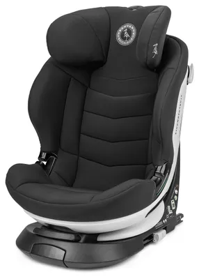 A black child car seat is shown from a three-quarter front view against a white background.