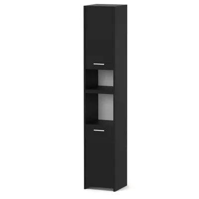 A tall, narrow black cabinet with doors and shelves, shown against a white background.