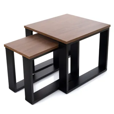 Produktbild von Lehmann Couchtisch 2er Set in 2 Größen für das Wohnzimmer, mit Holzplatte und schwarzem Gestell