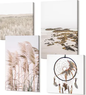 Produktbild von Leinwandbilder Mehrteilig 4-teilig – Modernes Design – Hochwertiger Polycanvas Kunstdruck – Wanddekoration & Wandkunst – Bilder für Zuhause – 2x 40x40 cm + 2x 40x60 cm – Pampasgrasfelder Strand Traumfänger Boho-Stil