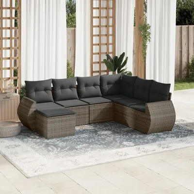 Produktbild von Design 7-tlg. Garten-Sofagarnitur mit Kissen Grau Poly Rattan, Gartenmöbel-Sets 2024 Neu
