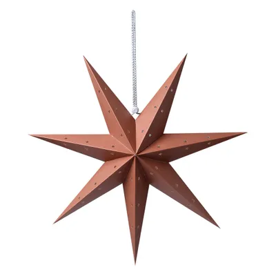 A single, copper-colored, eight-pointed star decoration is suspended from a silver chain against a white background.