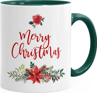 Produktbild von Tasse Weihnachten Merry Christmas Blumen Weihnachtsstern Christstern Teetasse Kaffeetasse Autiga® grün unisize