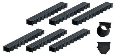 Produktbild von 6x1m ACO Hexaline 2.0 Entwässerungsrinne Stegrost Stahl verzinkt, anthrazit pulverbeschichtet Ablauf horizontal Bodenrinne Terrassenrinne