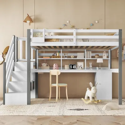 Produktbild von Flieks Etagenbett 90x200cm mit Schreibtisch & Regal, Kinderbett Hochbett mit Aufbewahrungsboxen, Einzelbett Holzbett mit Lattenrost, Weiß Grau