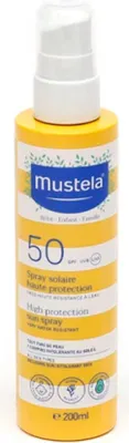 A product shot of a yellow and white striped bottle of Mustela sunscreen.