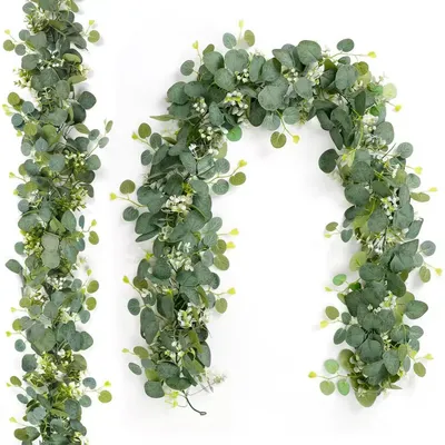 Produktbild von Künstliche Eukalyptus Girlande mit Weißen Blumen, 2 Stück, 1,8m Länge