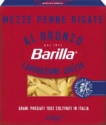 Produktbild von Barilla Mezze Penne Rigate al Bronzo Bronze Gezogene Pasta 400g Rohe Verarbeitungsmethode