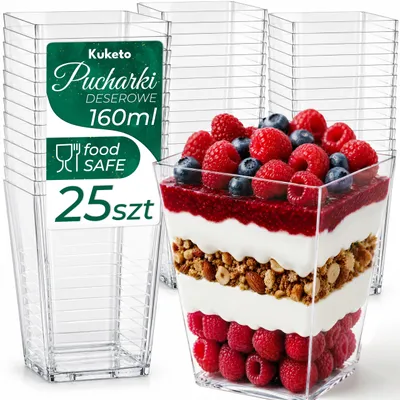 Obrázek produktu pro Kuketo | Dezertní pohárky 160 ml – 25 ks – Průhledné PS nádobky na dezerty, zmrzlinu, jednotlivé porce a občerstvení