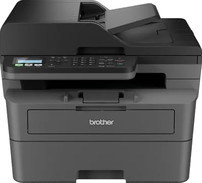 A black and gray Brother multifunction printer is shown from the front.