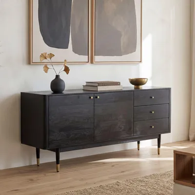 Produktbild von FineBuy Sideboard Akazie Massivholz 160 cm 2 Türen & 3 Schubladen - Massive Retro Kommode in Schwarz - Design Natur Anrichte - Handdustrial
